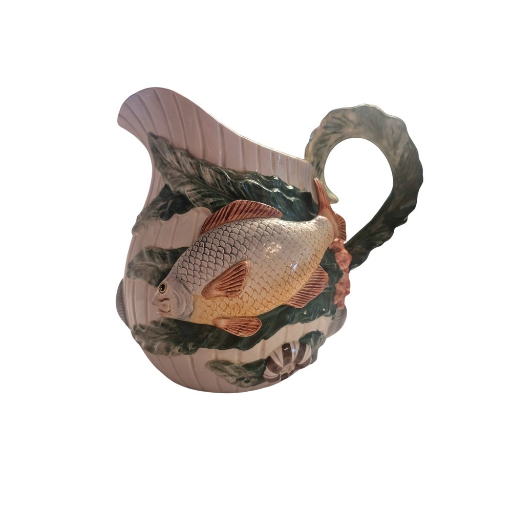 Fitz and Floyd 1992 Nautical Fish Starfish Shells‎ Ceramic Pitcher 2.25 QT White
